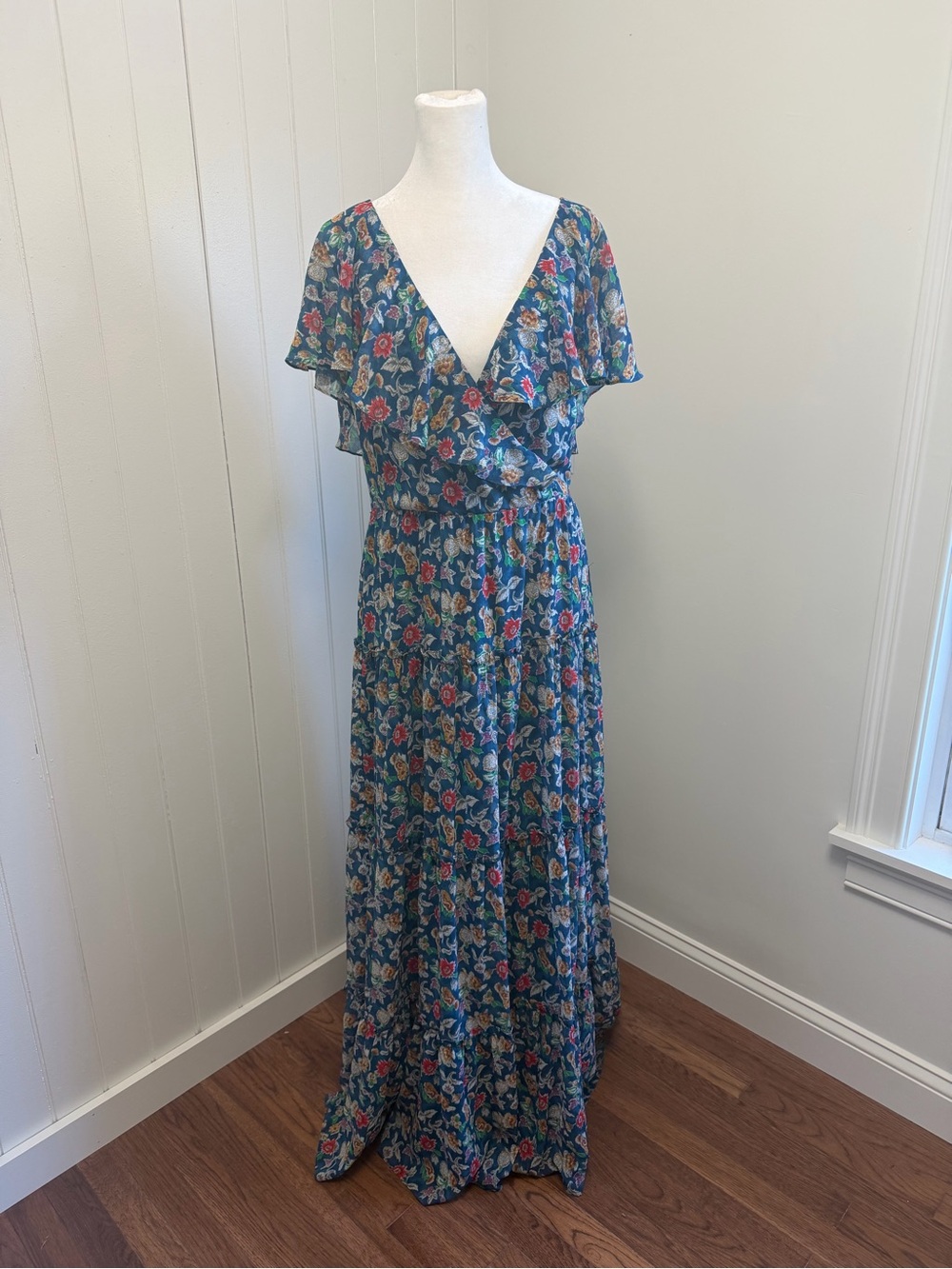 Lauren Ralph Lauren Blue Floral Flutter-Sleeve Maxi Dress